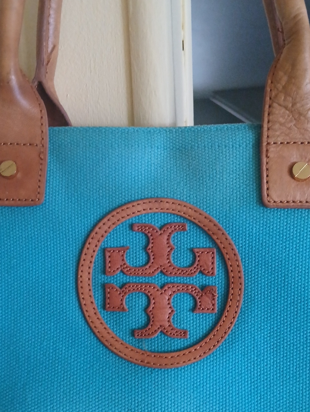 Tory Burch Turquoise Canvas Tote with Brown Leather Trim and Logo - Picture 3 of 11
